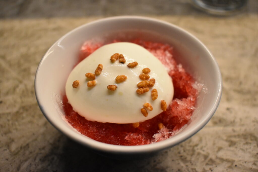 Kakigori shaved ice with cream and toasted rice puffs at Fuku Ramen Amsterdam