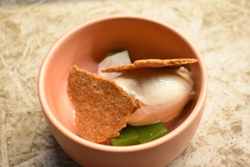 Tofu and rhubarb dessert with rye crisps at Fuku Ramen Amsterdam